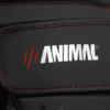 Close-up of the Animal Athletics logo on the wrist strap of the Predator Series red accent boxing gloves.