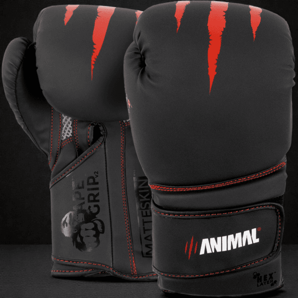 Predator Series boxing gloves in red accent, 14oz, displayed upright showing front and palm profiles.