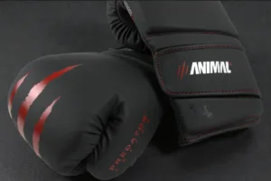 Predator Series boxing gloves in black with red accents, 14oz, shown in a hero close-up.