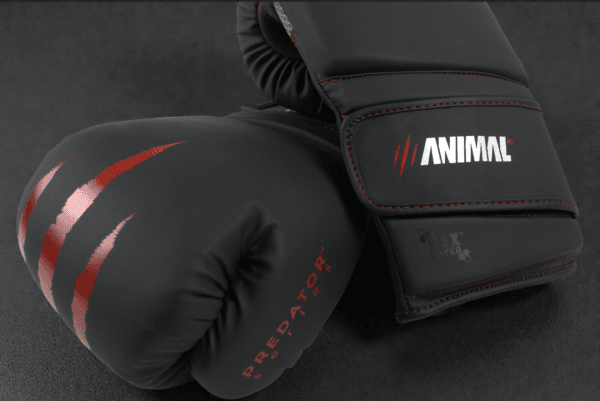 Predator Series boxing gloves in black with red accents, 14oz, shown in a hero close-up.