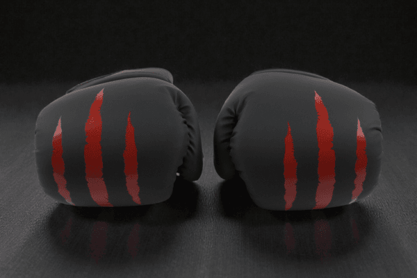 Predator Series red accent 14oz boxing gloves shown from the knuckle front angle.