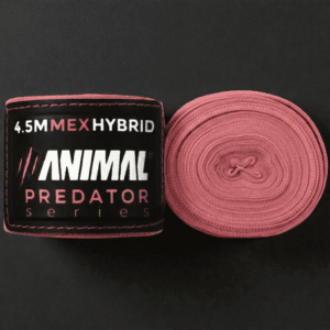 Predator Series pink 4.5m MexHybrid ladies boxing hand wraps shown rolled with branded wrist label.