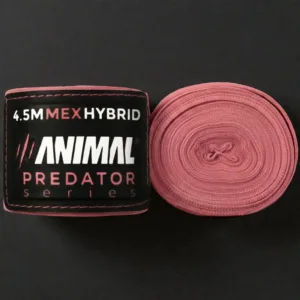 Predator Series pink 4.5m MexHybrid ladies boxing hand wraps shown rolled with branded wrist label.