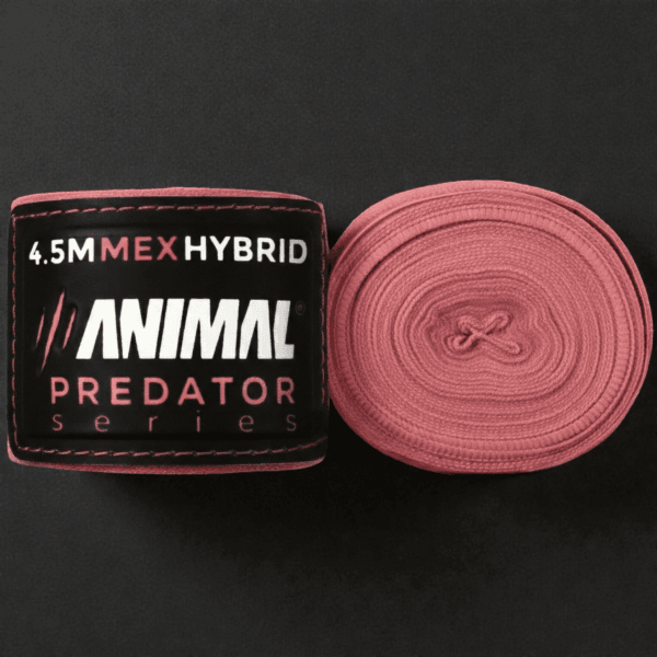Predator Series pink 4.5m MexHybrid ladies boxing hand wraps shown rolled with branded wrist label.