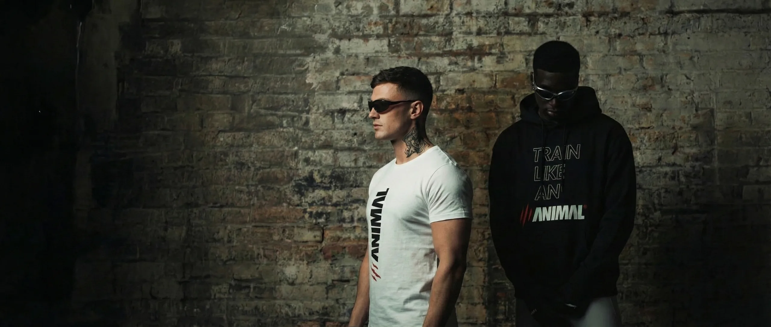 Two male models wearing Animal Athletics Predator Series hoodie and t-shirt in an editorial studio setting