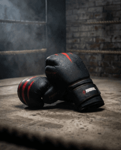 Predator Series black boxing gloves with red accents on a boxing ring floor with mist and brick wall background