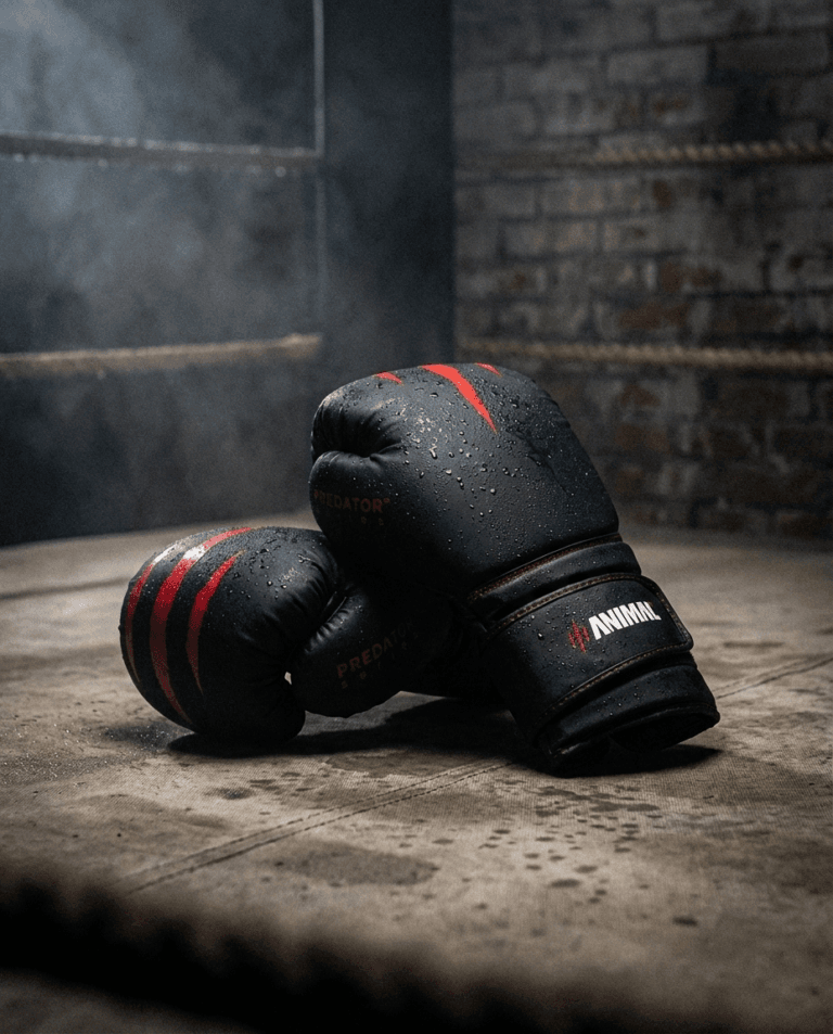 Predator Series black boxing gloves with red accents on a boxing ring floor with mist and brick wall background