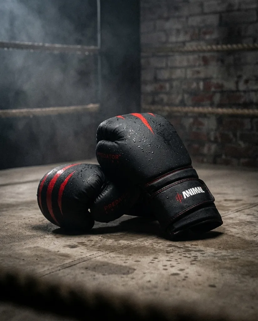 Predator Series Boxing Gloves – Animal Athletics Predator Series black boxing gloves with red accents on a boxing ring floor with mist and brick wall background