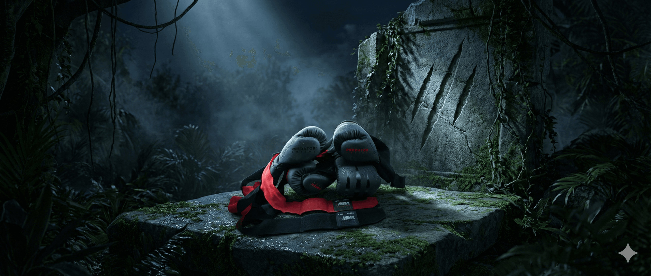 Predator Series boxing gloves and wraps displayed on a moss-covered stone altar in a jungle setting with dramatic spotlight and carved claw marks.