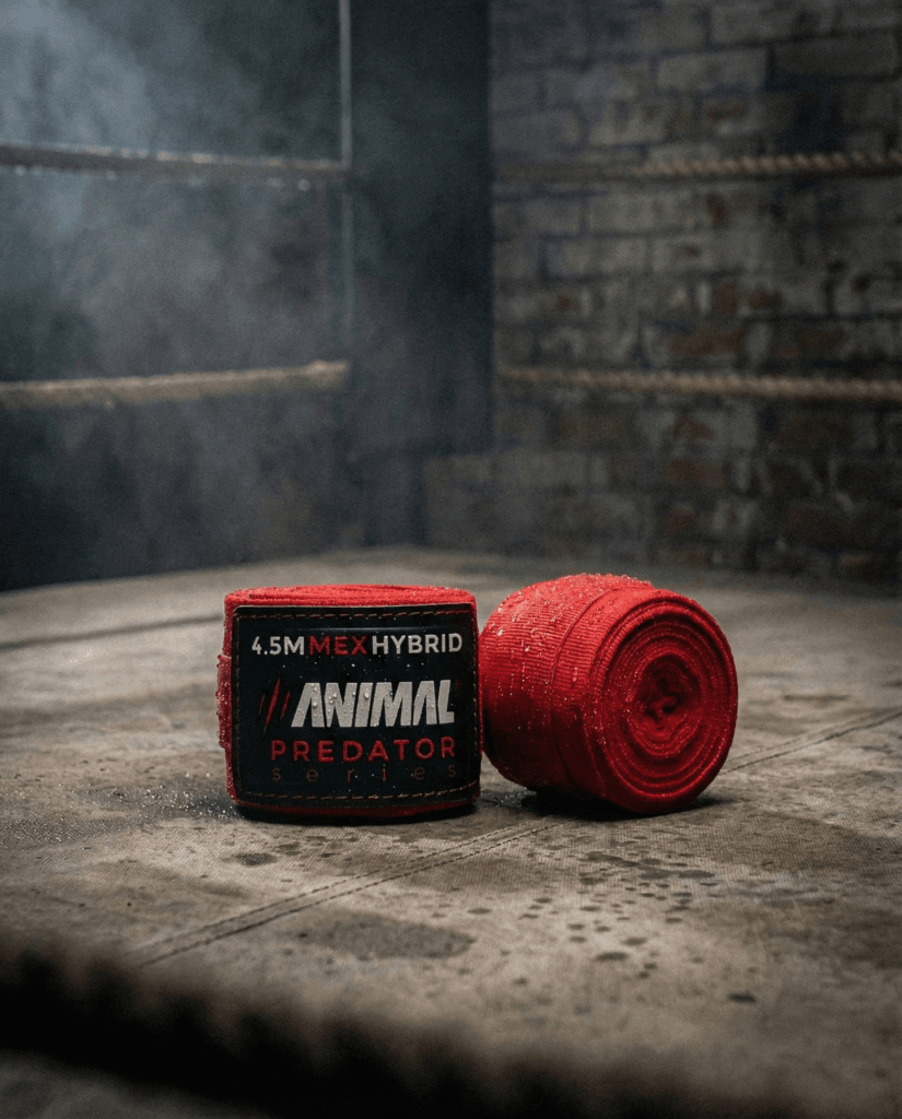 Predator Series red boxing hand wraps on a worn boxing ring floor with mist in the background