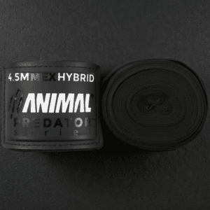 Black Predator Series boxing mexican hand wraps rolled neatly side by side on a dark textured background.