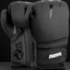 Predator Series black accent 14oz boxing gloves shown upright displaying front and palm profiles.