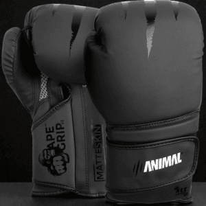 Predator Series black accent 14oz boxing gloves shown upright displaying front and palm profiles.