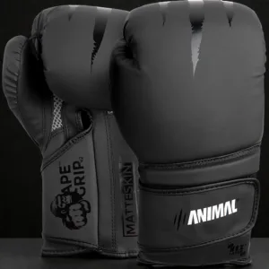 Predator Series black accent 14oz boxing gloves shown upright displaying front and palm profiles.