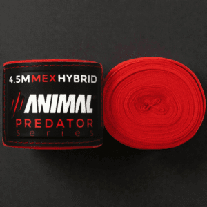 Predator Series 4.5M Mex Hybrid red boxing hand wraps rolled and displayed on a dark surface.