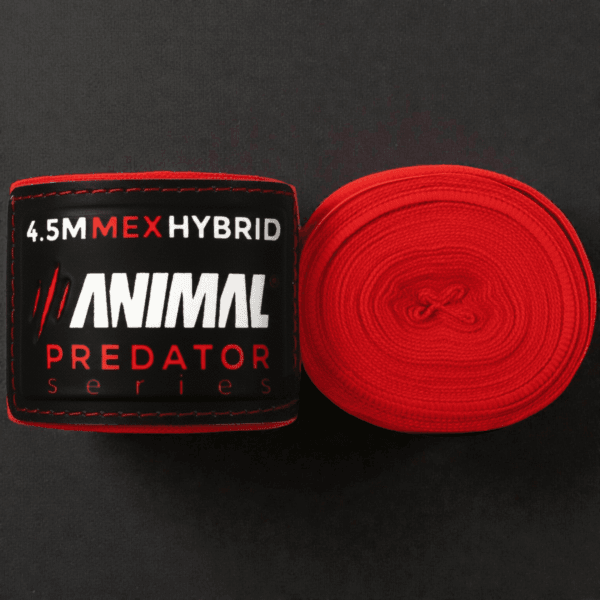 Predator Series 4.5M Mex Hybrid red boxing hand wraps rolled and displayed on a dark surface.