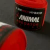 Detailed view of the Predator Series red boxing hand wrap fabric and ribbed thread pattern.