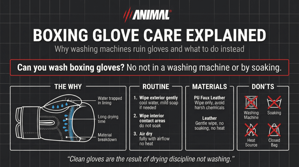 Can you wash boxing gloves? Boxing glove care infographic explaining why you should not wash boxing gloves in a washing machine and how to clean and air dry boxing gloves properly.