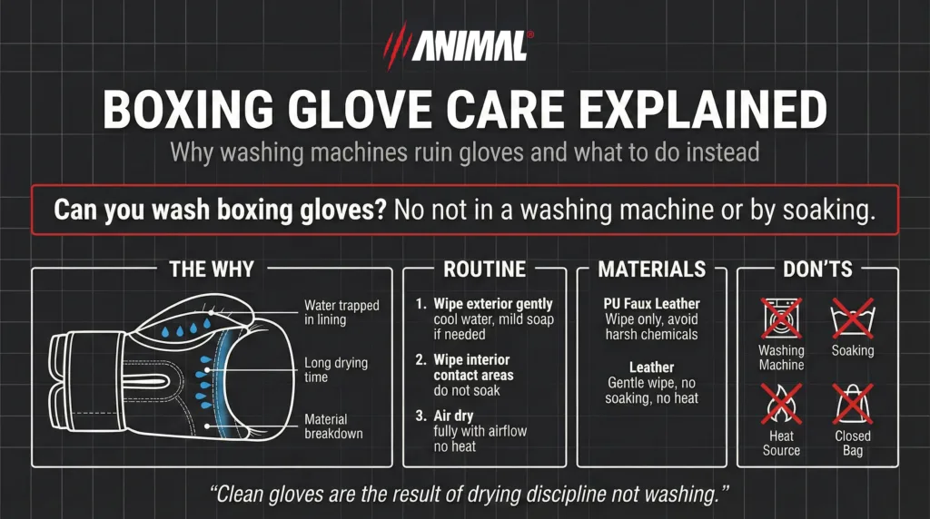 Boxing Glove Care Explained – Can You Wash Boxing Gloves? Can you wash boxing gloves? Boxing glove care infographic explaining why you should not wash boxing gloves in a washing machine and how to clean and air dry boxing gloves properly.