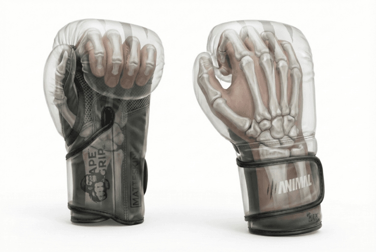 Semi-transparent boxing glove showing the bones of the hand inside the glove.