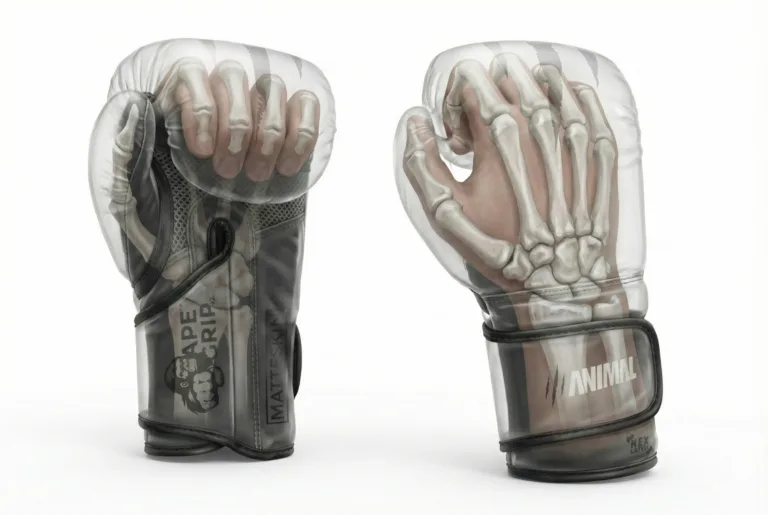 Semi-transparent boxing glove showing the bones of the hand inside the glove.