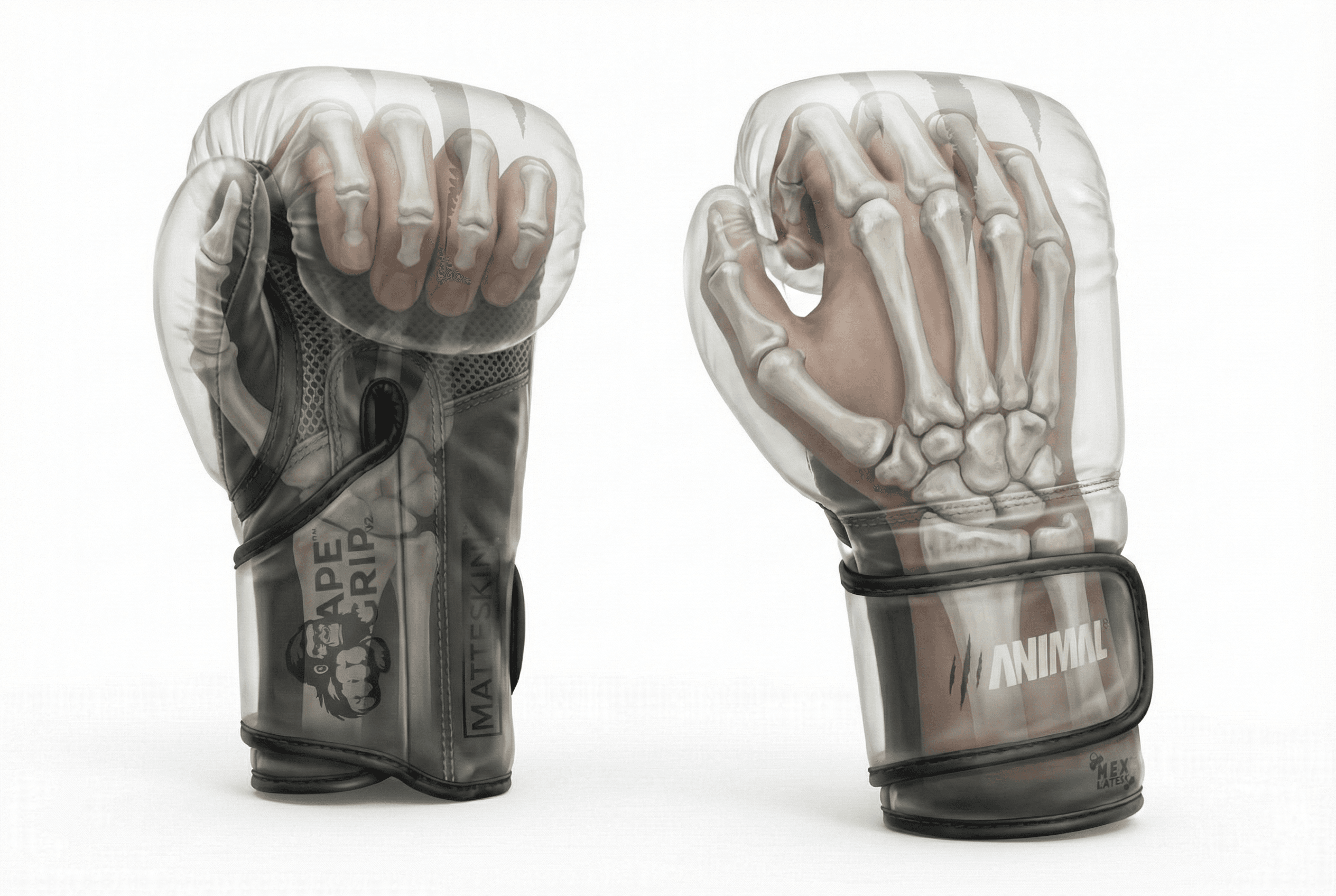 Semi-transparent boxing glove showing the bones of the hand inside the glove.