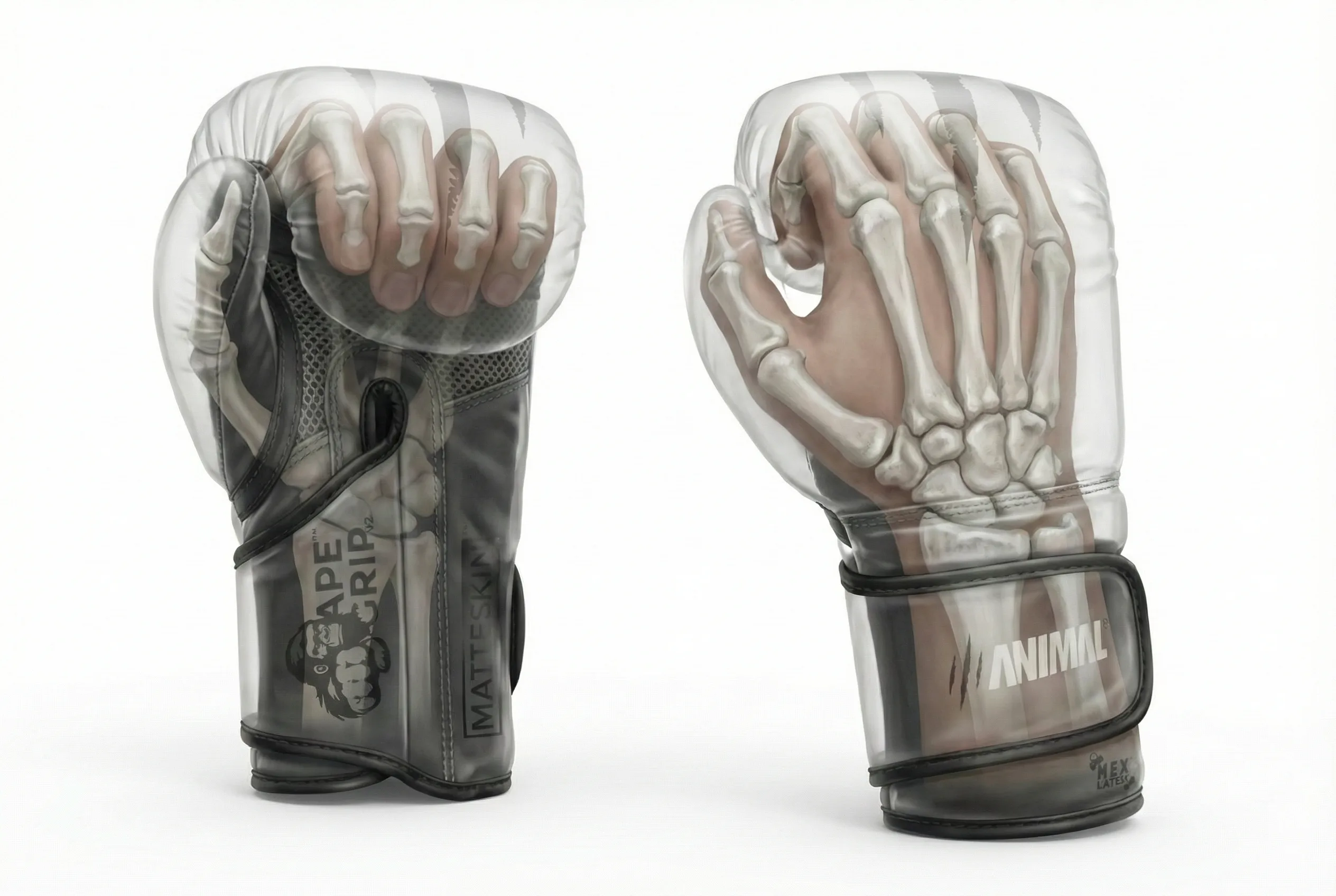 Semi-transparent boxing glove showing the bones of the hand inside the glove.