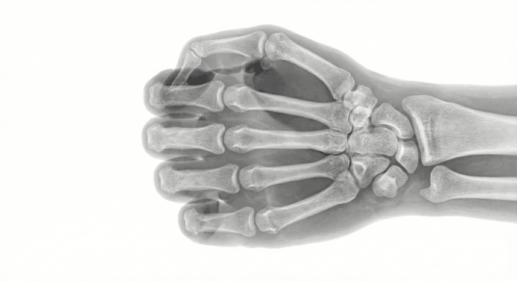 X-ray image of a clenched human hand showing the metacarpal bones and finger joints.