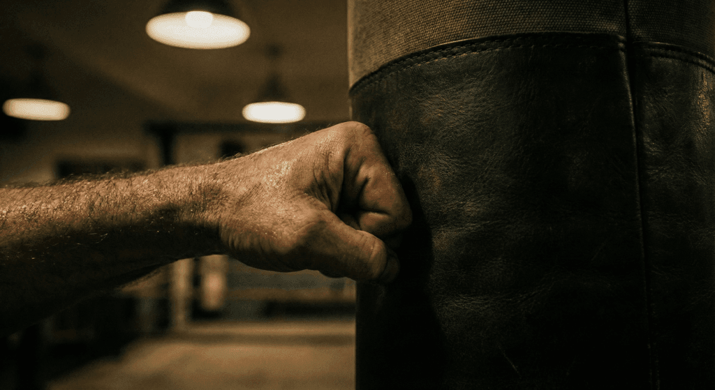 Bare fist striking a heavy bag during training.